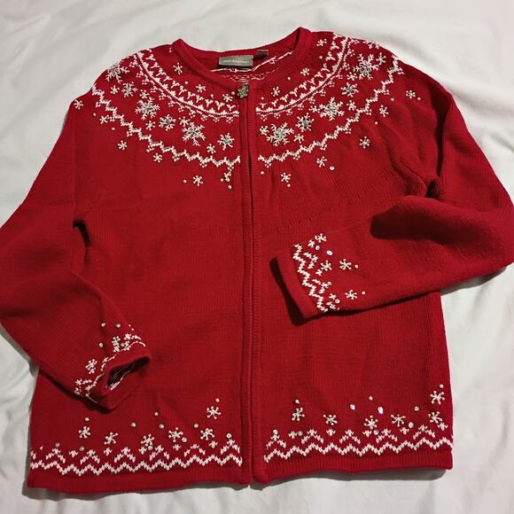 Christmas Cardigan Sweater Small Red Pearls Jewels Snowflakes Raglan-Sleeve - Picture 2 of 12